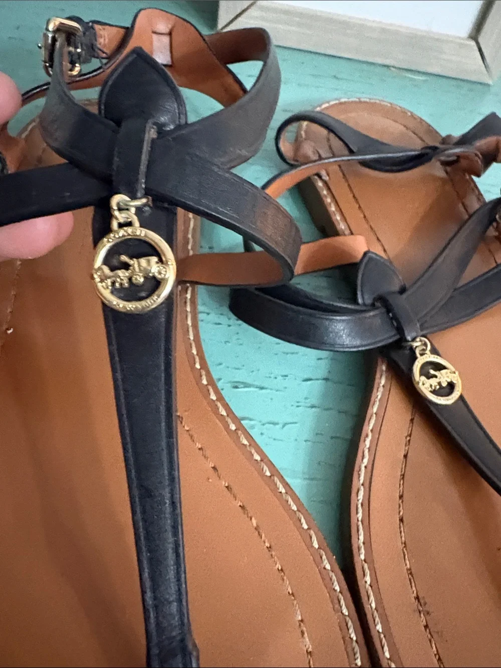 Coach Black Leather T-Strap Sandals with Gold Logo Charm